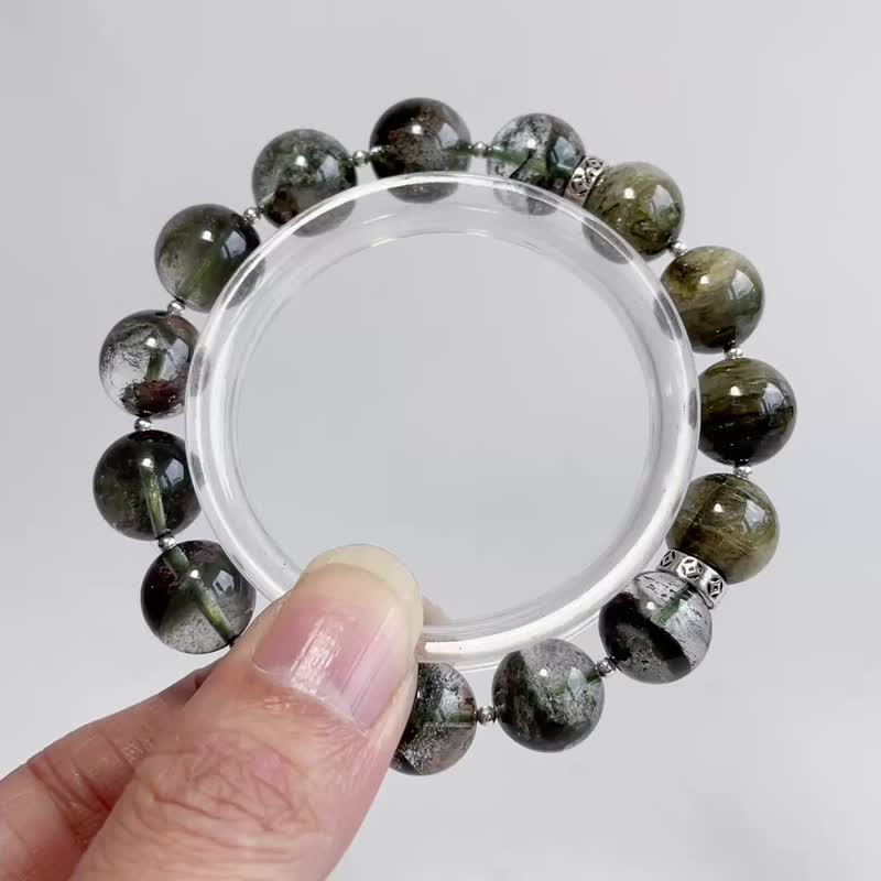 天然矿石 绿幽灵 12mm 绿碧玺 925纯银 手链 - 手链/手环 - 宝石 绿色