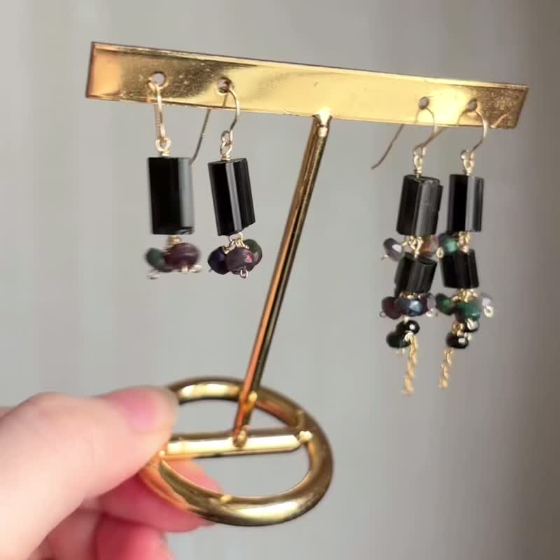 14KGF 黑蛋白石 × 碧玺 短耳环 / 耳夹 - 耳环/耳夹 - 宝石 黑色