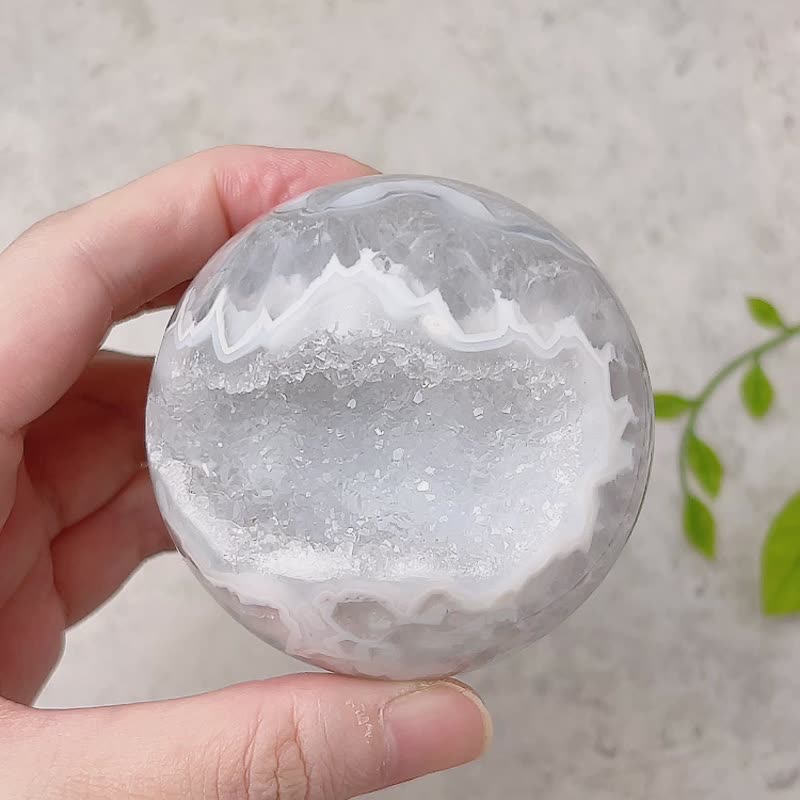 冰雪奇缘 浅灰蕾丝玛瑙开口笑球球 聚宝盆 - 摆饰 - 水晶 灰色