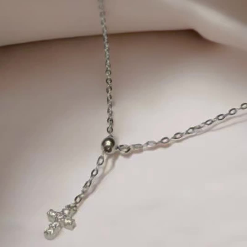 Giftest925 纯银镀 18K 金/ 互爱十字架 - 银低敏可洗澡基督教项链 N107 - 项链 - 纯银 银色