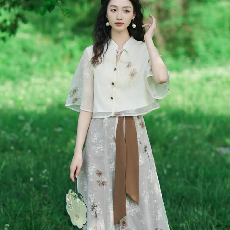 新中式上衣七分裙裤中国风洋装 夏装搭配文艺复古 高级感时尚套装 - 洋装/连衣裙 - 其他材质 白色