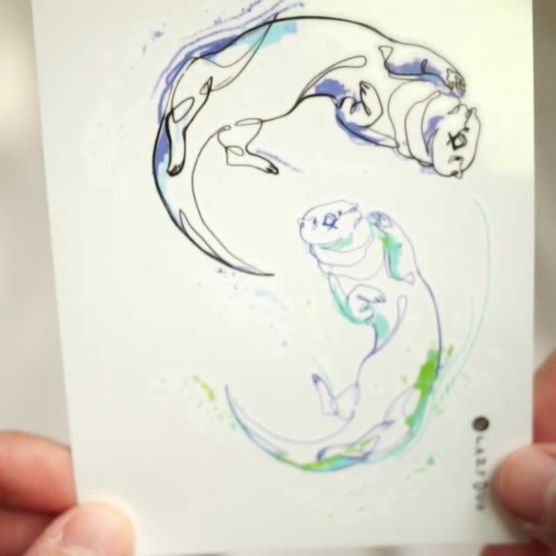海獭水獭纹身贴纸 极简连贯幼线刺青 海洋动物纹身贴纸防水水印贴 - 纹身贴 - 纸 