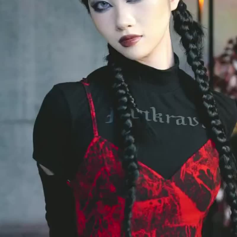 庞克生化人仪式细肩带连身裙 / 附腰带 - 洋装/连衣裙 - 其他材质 红色