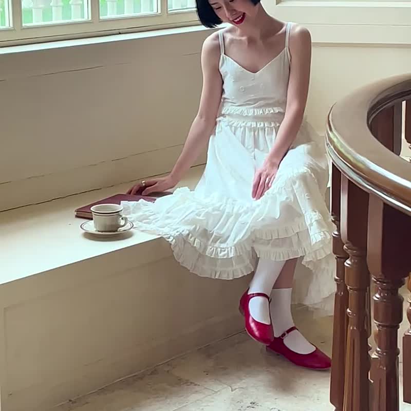 白色 法式少女波波子吊帶洋裝 無袖夏季芭蕾度假風蛋糕裙子連身裙 - 洋装/连衣裙 - 棉 白色