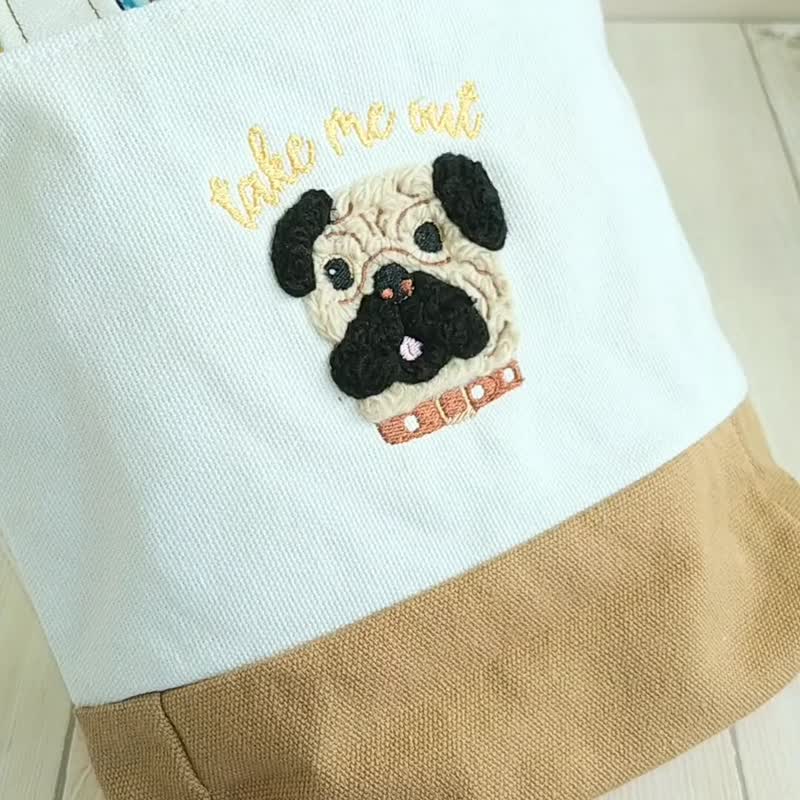 *带我出门*双杯提袋/饮料袋 巴哥 立体绳绣 - 手提包/手提袋 - 其他人造纤维 卡其色