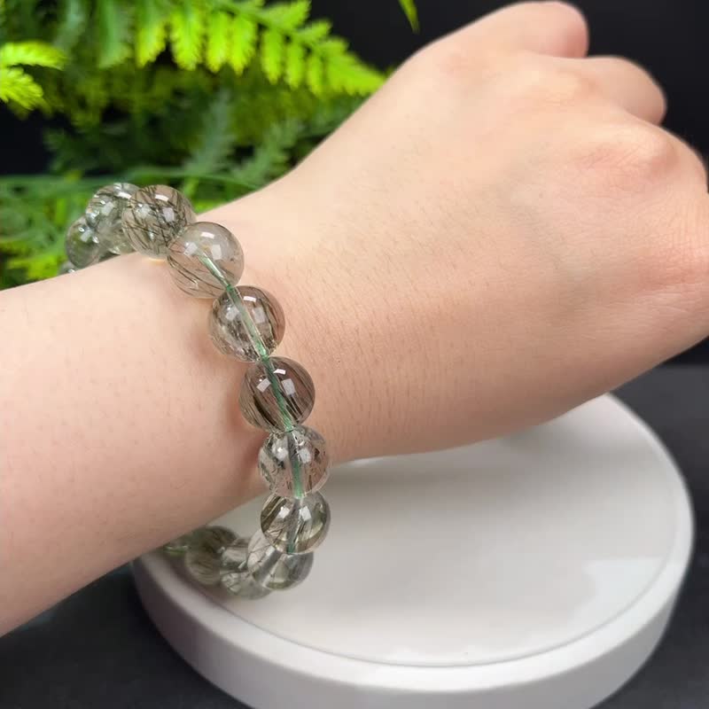 天然绿色碧玺发晶手串12.5mm冰透绿色发丝水晶男女正财能量净化 - 手链/手环 - 宝石 绿色