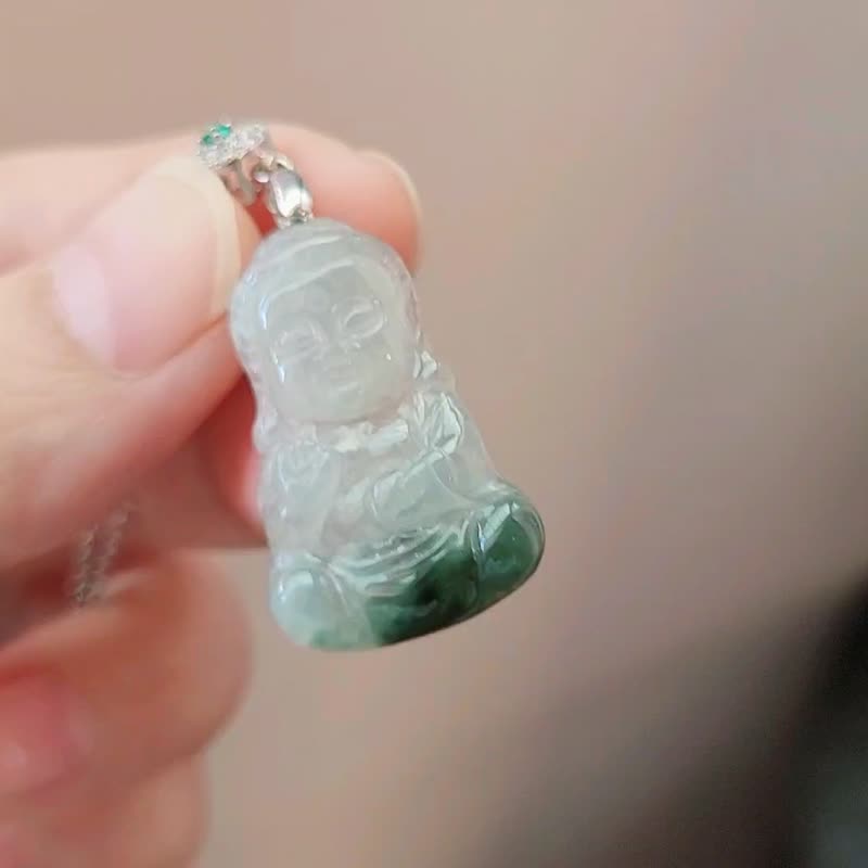 【亲翠】天然翡翠 冰透绿底座宝宝阿弥陀佛项链 | 精工巧色 |佛系 - 项链 - 玉石 绿色