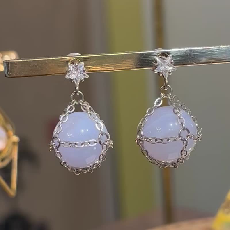 蓝纹玛瑙 星星 纯银耳环 一对 日常配搭 情人节礼物 水晶 - 耳环/耳夹 - 半宝石 银色