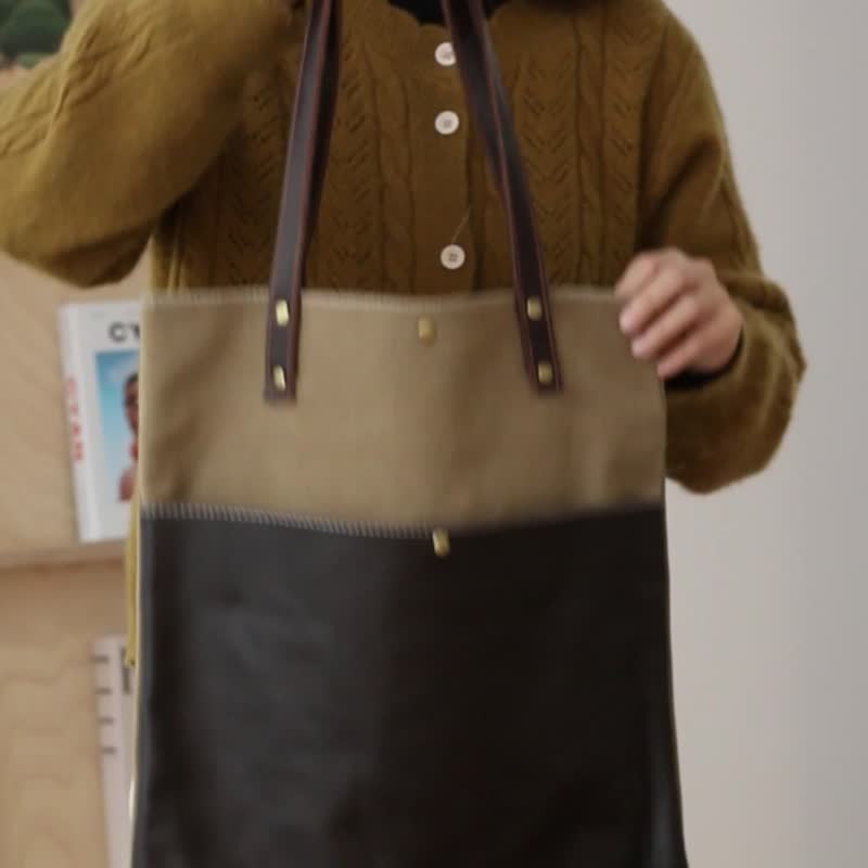 sobag原创手工复古文艺帆布单肩包森系真皮口袋托特包中性侧背包 - 侧背包/斜挎包 - 真皮 咖啡色