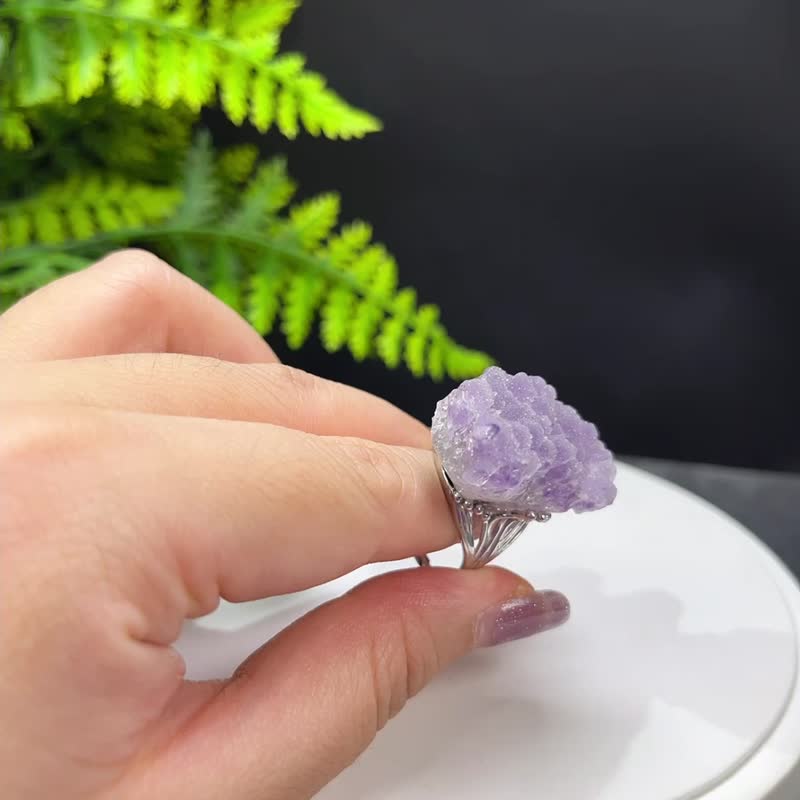 薰衣草紫水晶活口戒指 原石标本随形腰果星光闪片手工指环 S925银 - 戒指 - 水晶 紫色