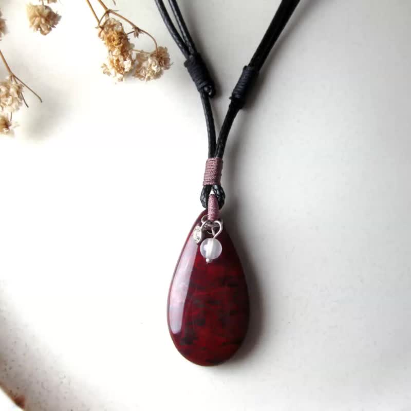 新年饰品情人节礼|项链 古银玉意-水滴 印尼总统石+白玉髓+银 - 项链 - 石头 红色