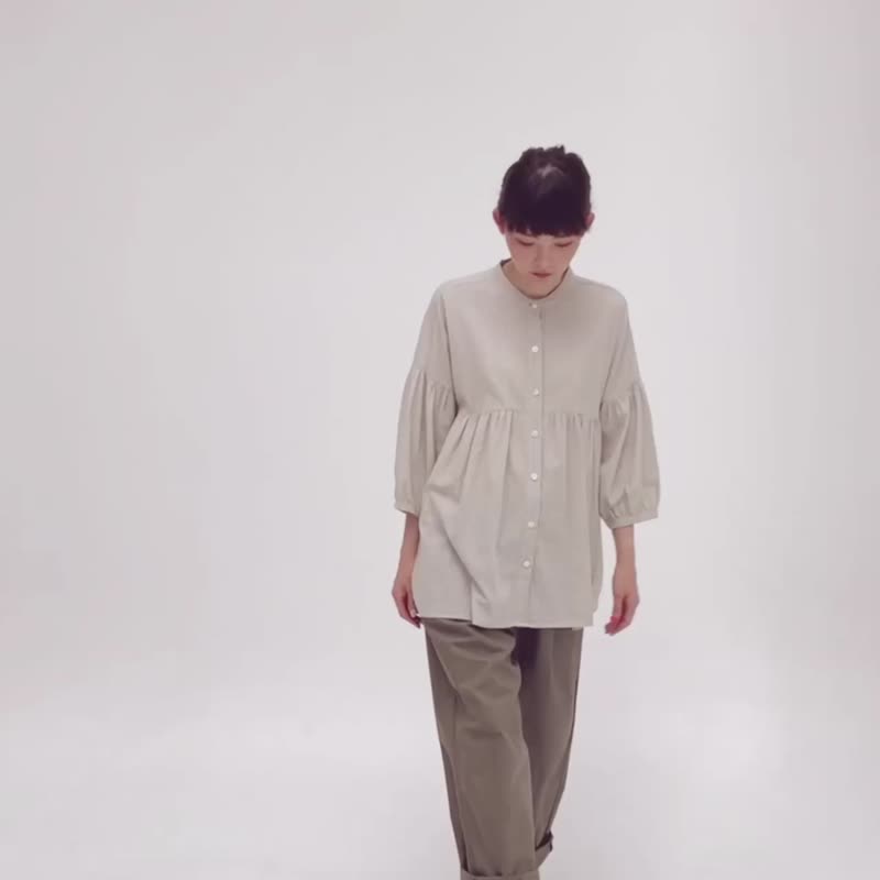 3/4 Sleeve Mandarin Collar Shirt - Beige - 女装衬衫 - 亚麻 卡其色