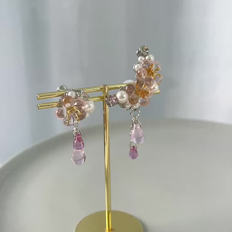 3 件组樱花耳夹 玻璃耳夹耳针耳环 捷克玻璃 樱花耳夹 - 耳环/耳夹 - 玻璃 紫色