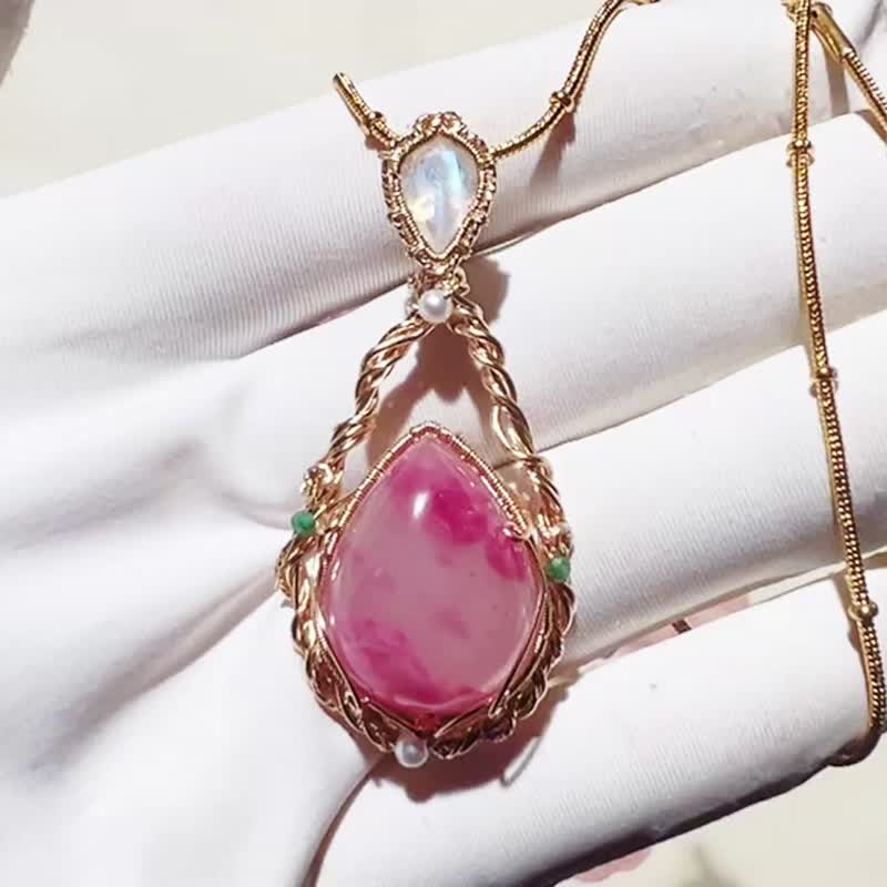 纯手工进口14K包金绕线樱花雨蔷薇辉月亮石吊坠 - 项链 - 宝石 多色