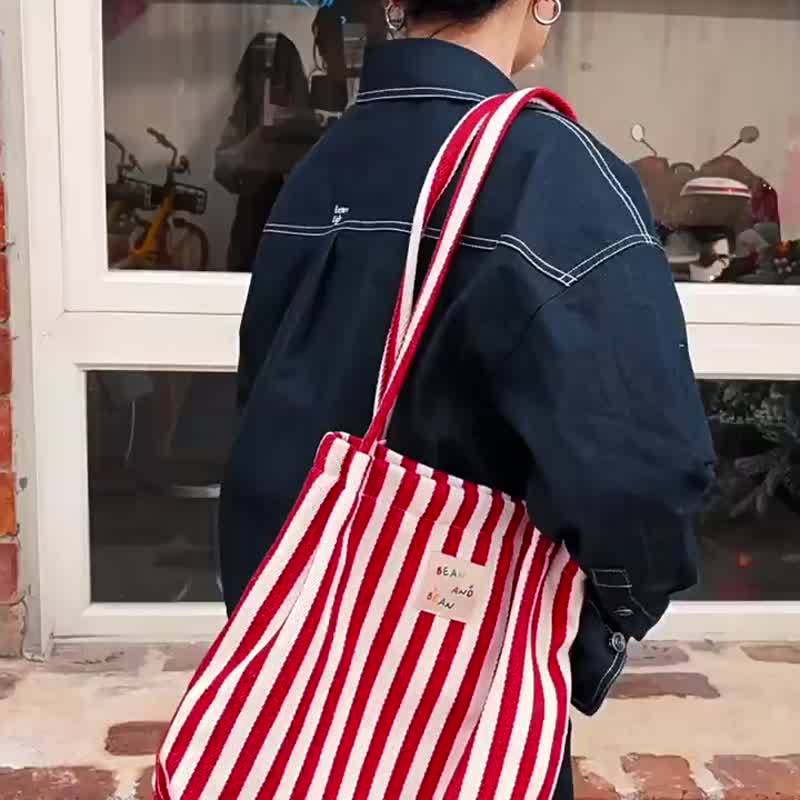 南法假日 红色帆布包 大容量简约加厚条纹通勤法式托特加厚百搭 - 侧背包/斜挎包 - 棉 
