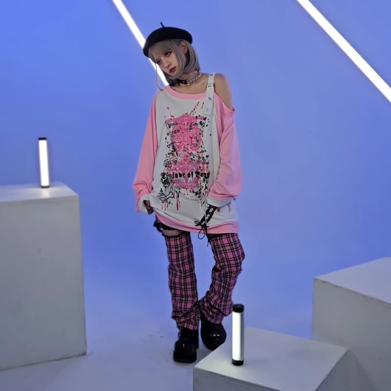 原创故障标本肋骨印花单肩庞克铁链肩带拚色长袖T恤【JJ2435】 - 女装 T 恤 - 棉．麻 