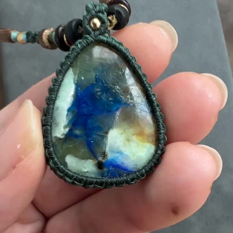 N710 民族风 蜡线编织 蓝铜矿 铜珠 项链 (可调长度) - 项链 - 宝石 绿色