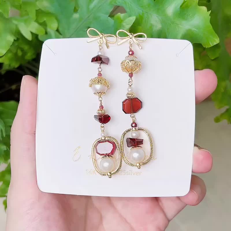 冷艳华丽感 天然石榴石不规则珍珠耳环 - 耳环/耳夹 - 水晶 红色
