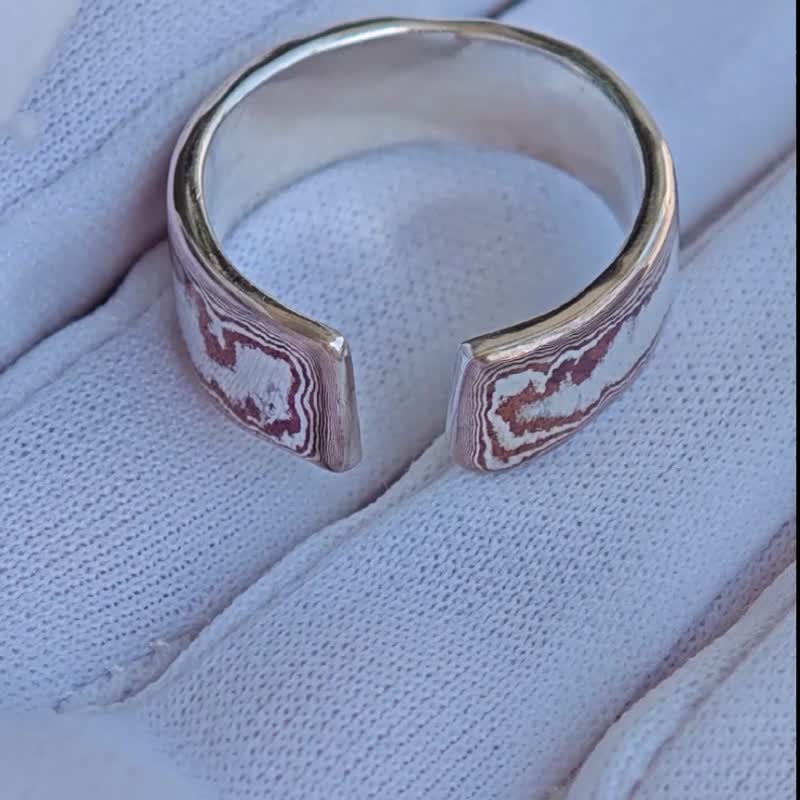 手工制作 银+铜 木目金木纹金Mokume gane镶银开口戒指 - 戒指 - 其他金属 咖啡色