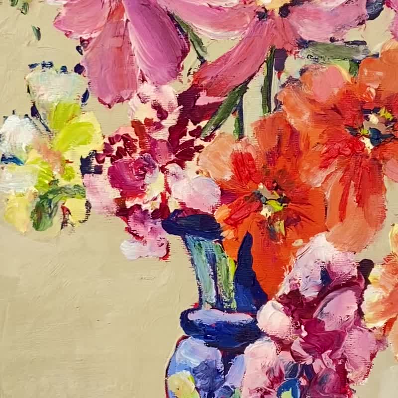 蓝色花瓶中的花朵 原创油画 野兽派艺术 马蒂斯 - 墙贴/壁贴 - 其他材质 蓝色