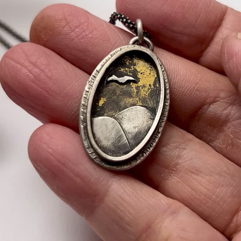 【Landscape 系列】  #c45 远山飞鸟项链/ 925银/ 手工礼物 - 项链 - 银 银色