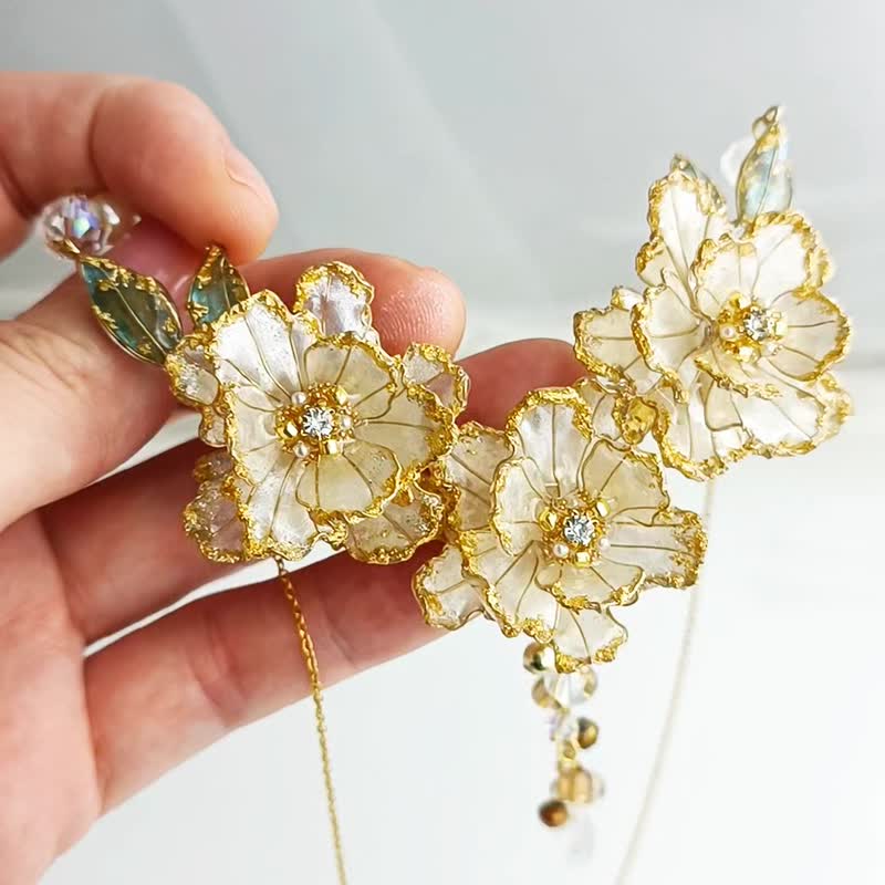 镶金边的古董白玫瑰 The White Rose | 医疗级不锈钢 NA-MIA - 项链 - 树脂 白色