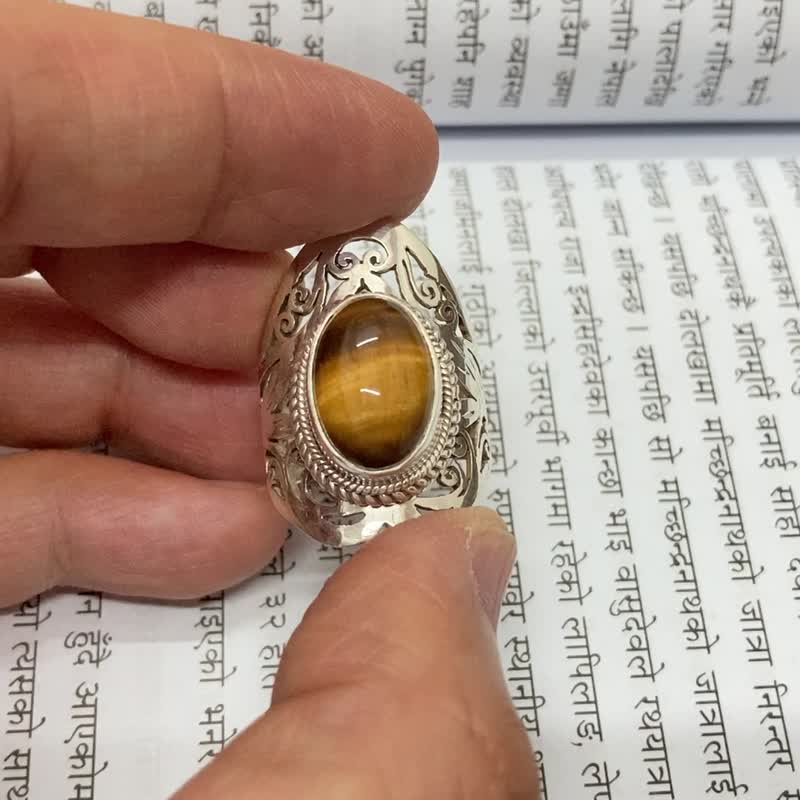 天然 虎眼石 戒指 尼泊尔制 925纯银 手工制 - 戒指 - 半宝石 