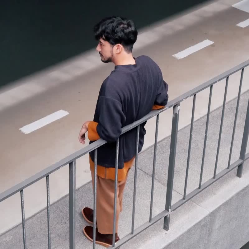 畦织配色针织上衣 - 男装针织衫/毛衣 - 羊毛 咖啡色