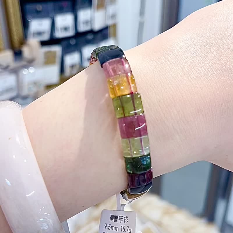 天然浓色碧玺带稀有蓝碧手排9.5mm15.9g全方位能量磁场高频率能量 - 手链/手环 - 水晶 多色