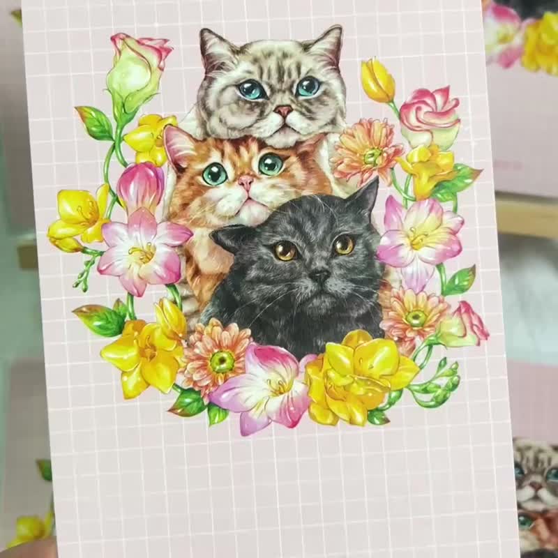 手绘水彩三猫叠叠明信片postcard - 卡片/明信片 - 纸 