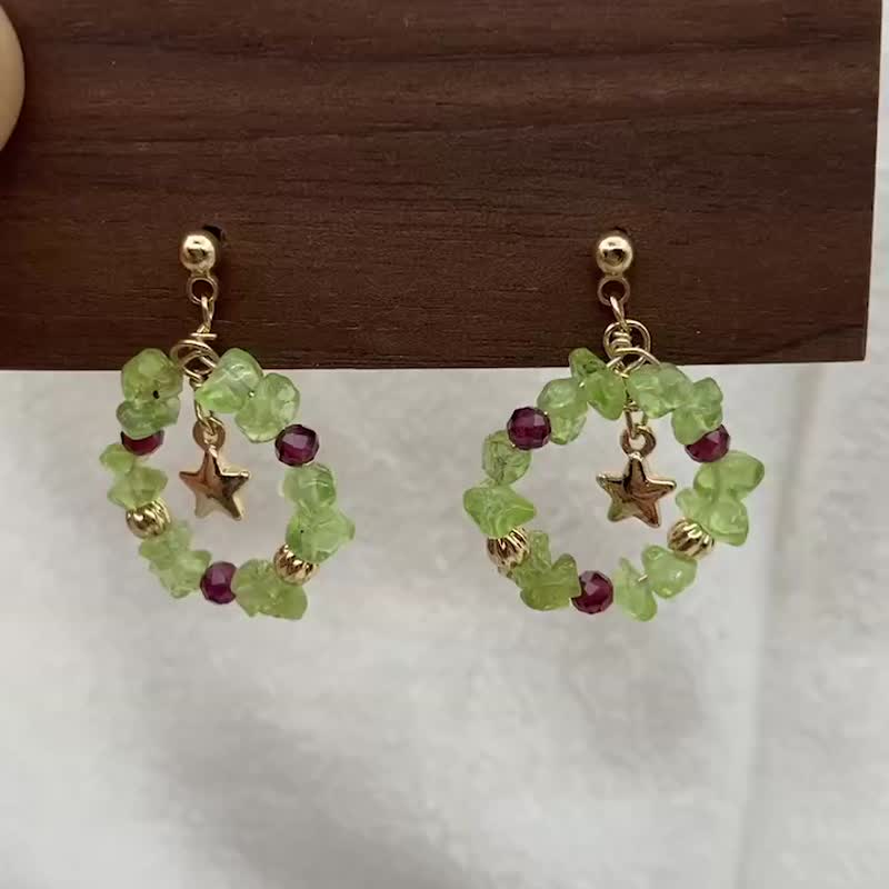 圣诞礼物【耳环】注金 天然石 包金 花圈耳环 星星耳环  夹式 - 耳环/耳夹 - 贵金属 多色