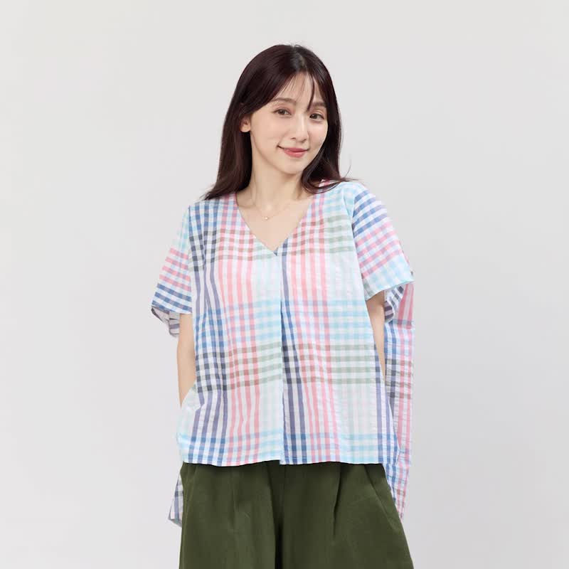 Vicky夏日V領棉質寬上衣/ 彩格紋 - 女装上衣 - 棉．麻 粉红色