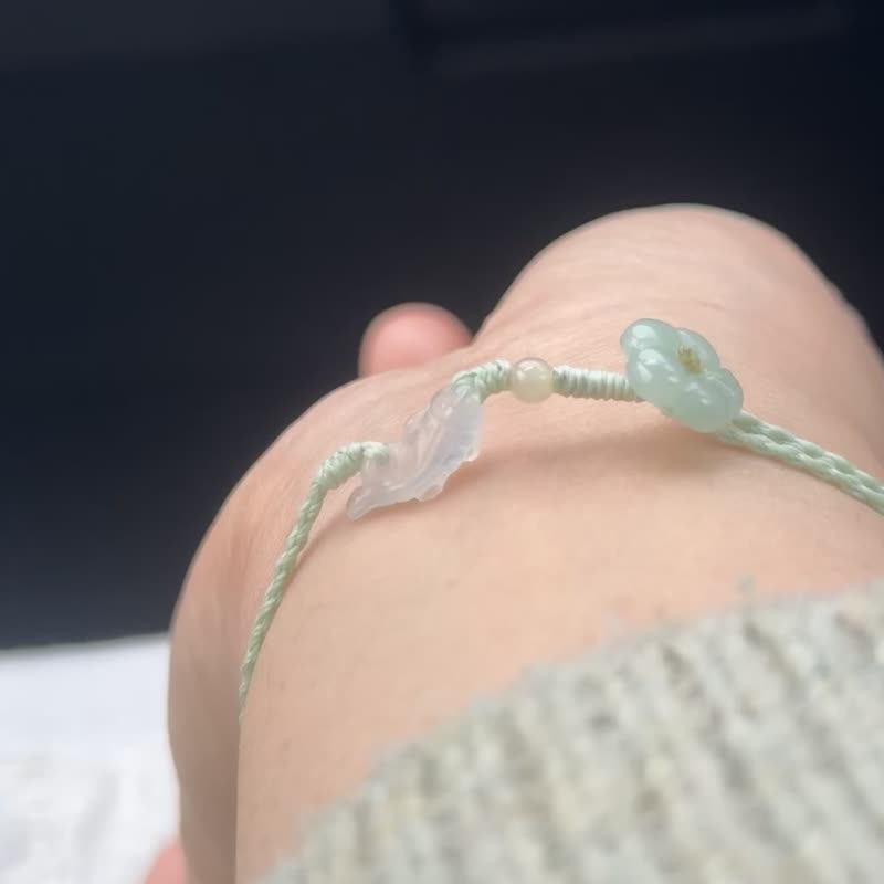 宝淇 - 白冰锦鲤绿花手绳 - 天然 A 货翡翠 - 手链/手环 - 玉石 绿色