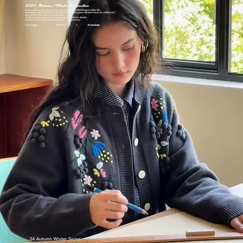 黃/灰/杏白 野島花園  法式復古立體手工繡花毛衣開衫 繡花外套 - 女装针织衫/毛衣 - 羊毛 白色
