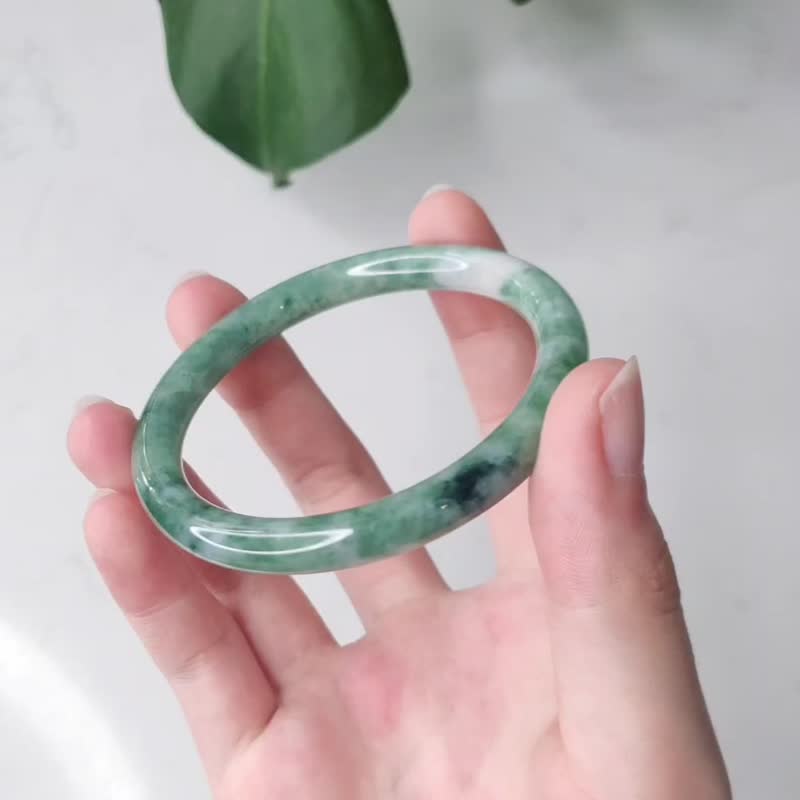 春眠 | 冰糯种 /青绿飘花 /圆骨镯 /手围17.5 | 天然A货翡翠玉镯 - 手链/手环 - 玉石 绿色