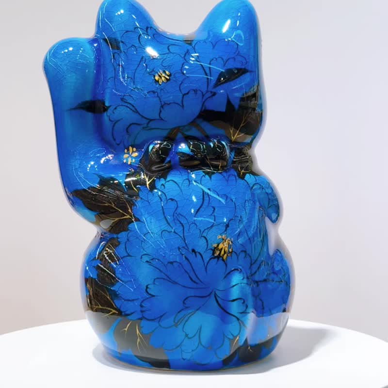 【蓝丹聚财】日本清水烧招财猫 | 交趾 - 牡丹 中号 - 摆饰 - 瓷 蓝色
