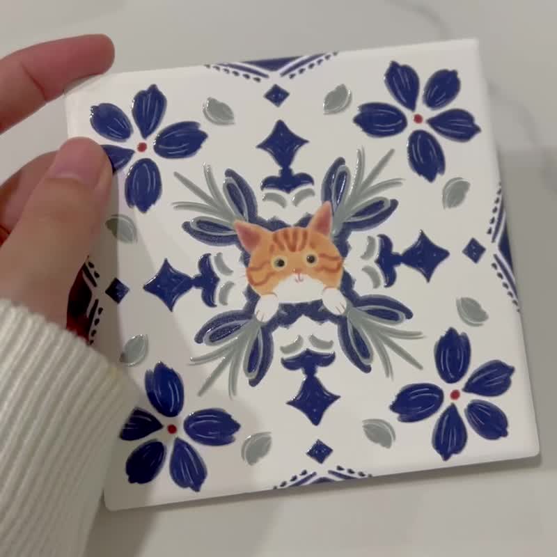 花砖躲猫猫杯垫  橘猫 | 婚礼小物 陶瓷 立体花纹 - 杯垫 - 陶 