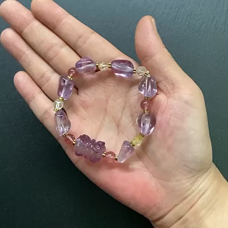 冰透紫水晶 金发晶// 星光草莓晶//并蒂莲萤石 黄铜手链 招财智慧 - 手链/手环 - 水晶 多色