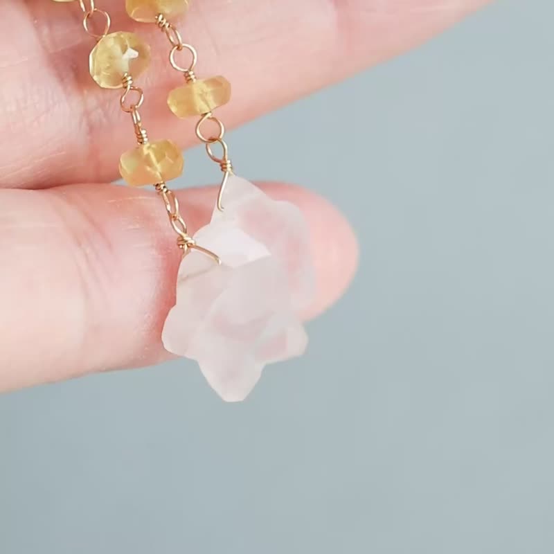 帝王石 粉水晶 耳环 长款耳环 星星图案 渐层 黄色 粉色 春季饰品 天然石 - 耳环/耳夹 - 石头 粉红色