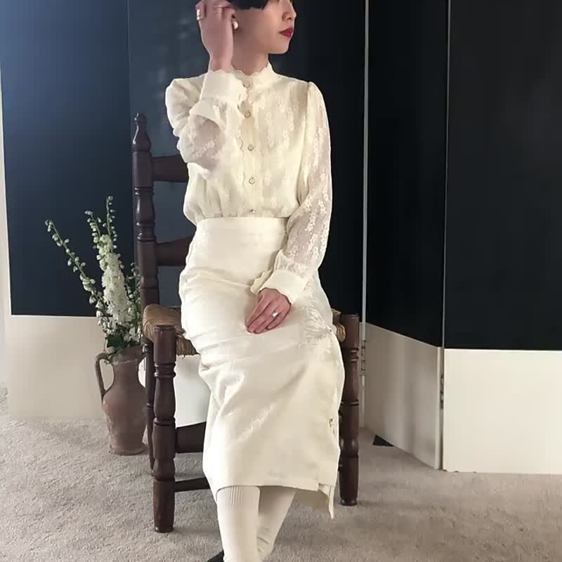 奶黃色 新中式宮廷復古古典蕾絲襯衣 提花刺綉雙層内裏襯衫上衣 - 女装衬衫 - 其他人造纤维 黄色