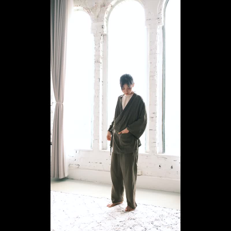 OMAKE 和式绑带居家服 / 双层纱 卡其绿 - 居家服/睡衣 - 棉 卡其色