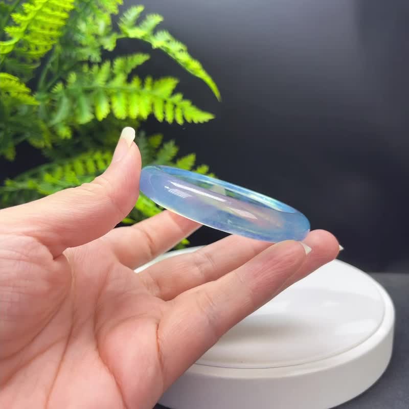 玻璃体海蓝宝手镯 53MM 优质冰透起光 星光蓝色宝石手环 冥想净化 - 手链/手环 - 宝石 蓝色