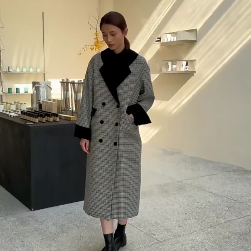 灰白千鸟格 英国进口Abraham moon格纹花呢心机领羊毛西装大衣 - 女装休闲/机能外套 - 羊毛 灰色