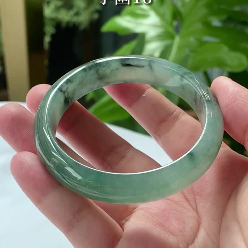 蓝藻 | 冰糯起胶湖水绿飘花平安镯 / 手围18 | 天然A货翡翠手镯 - 手链/手环 - 玉石 绿色