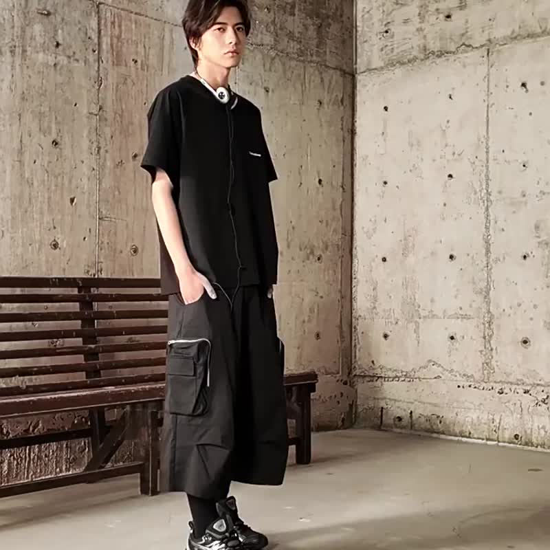 多口袋工装七分裤廓形打褶直筒中裤宽松休闲短裤 - 男士短裤 - 其他材质 黑色