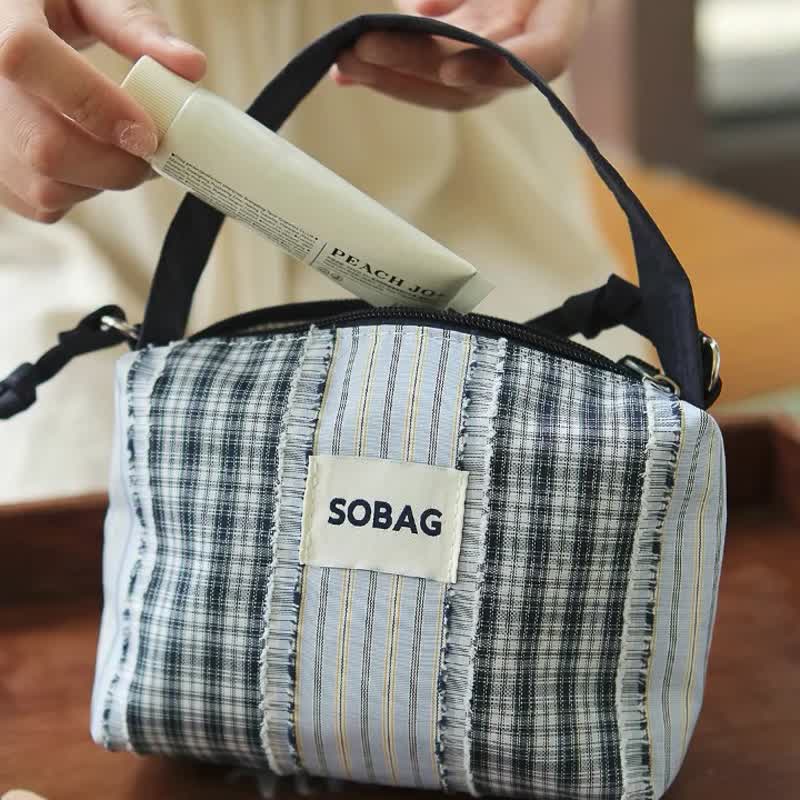 sobag夏日蓝色格子条纹帆布单肩斜挎包女日系ins休闲可爱手拎小包 - 侧背包/斜挎包 - 棉 蓝色