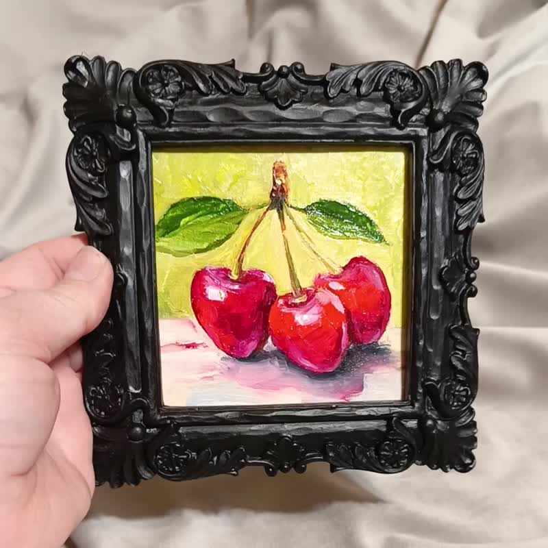 绘画是一棵樱桃树。 这幅画是在一个框架中出售的. 成熟的樱桃。 - 海报/装饰画/版画 - 纸 红色