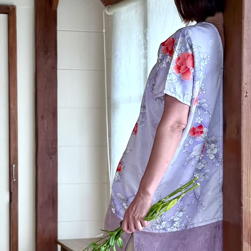 浪漫紫色丝质白色点点飞鸟拼接橘红古典花卉露肩长版四方衣连身裙 - 洋装/连衣裙 - 丝．绢 紫色