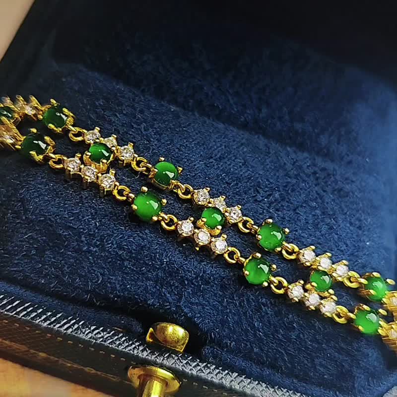 财富•贵气|浪漫起光冰绿翡|A货翡翠多颗时尚豪镶双层款手链 - 手链/手环 - 玉石 