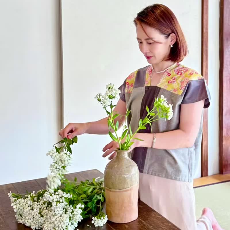 不对称秋香黄色菊花拼接灰色调下摆不规则四角衣四方衣 - 女装背心 - 棉 灰色